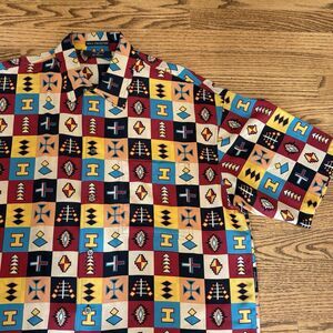 VINTAGE TIMNEY FOWLER FOR GO SILK ALL OVER PRINT MENS SHIRT Large Medium Tribal